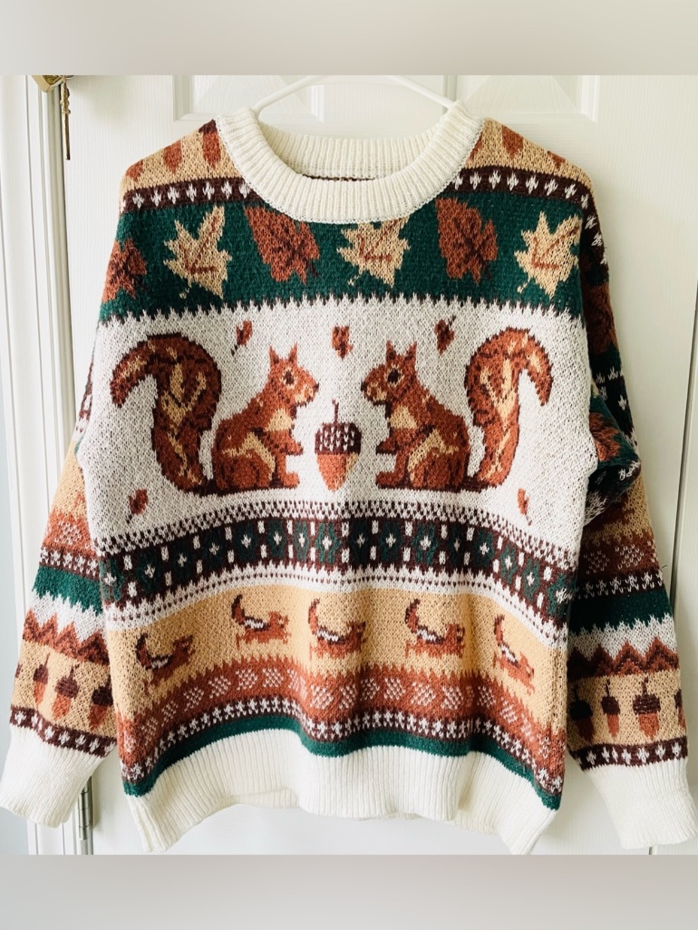 Cozy Autumn Squirrel Knit Sweater - Cream & Green